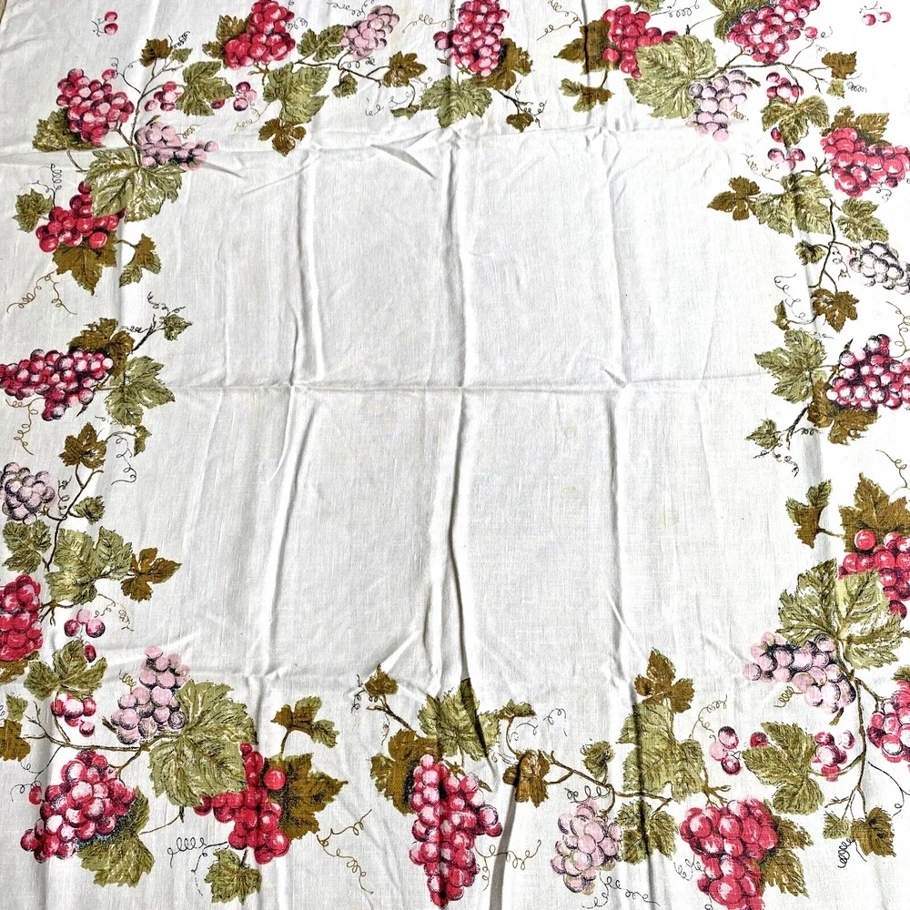 Square tablecloth printed cotton blend pink red grapes greenery vine border FLAW